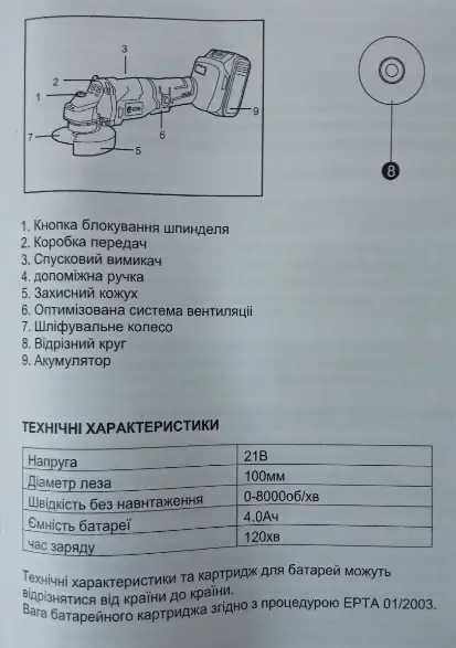 Акумуляторна болгарка Edon UAG-21A - Зображення 6